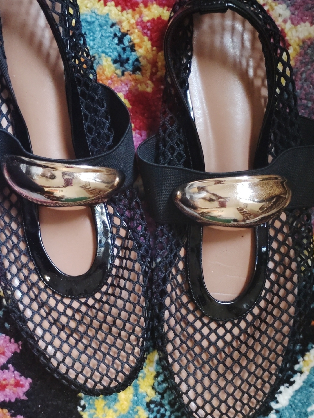 Zara Black Mesh Slingback Flats with Gold Accent Buckle